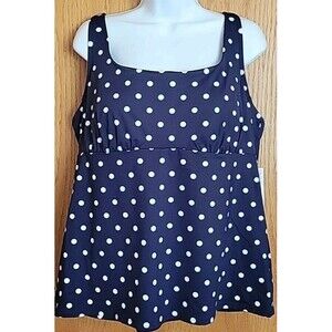 Lands' End Swim Top Navy 18 XL Square Neck Tankini Polka Dot Underwire S92